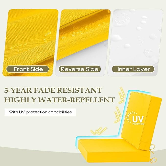 Wellsin Outdoor Deep Seat Patio Cushions, 22 x 22 Waterproof & 3-Year Fade Resistant Outdoor Cushions with Removable Covers,Ties and Handle for Chair, Sofa, Couch, Yellow