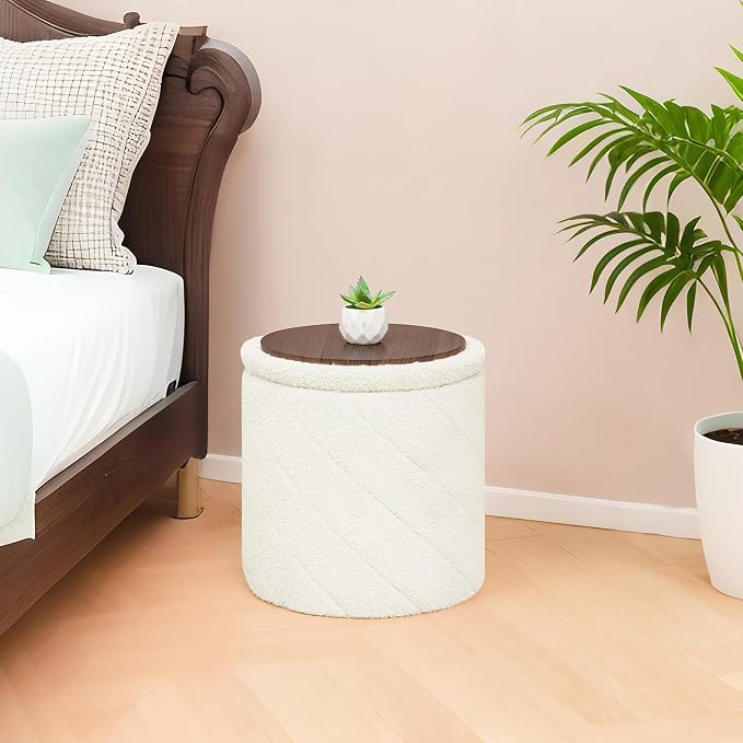 B FSOBEIIALEO Ottoman with Stroage, 13" Round Boucle Ottomans, Cream White | Small Ottoman with Removable Tray Lid, Foot Rest Stool, Twisted Design Coffee Table for Dorm Room, Living Room
