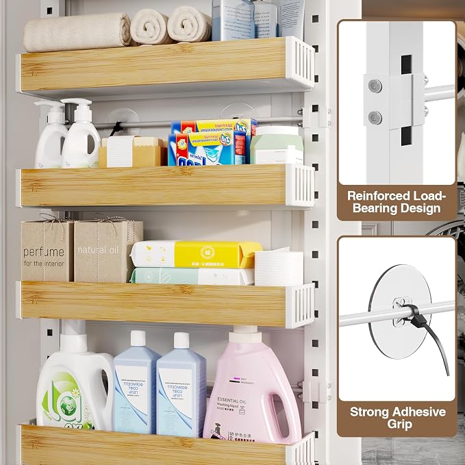8 Tier Over the Door Pantry Organizer with Adjustable Wooden Baskets, Heavy Duty 2 in 1 Wall Mounted & Hanging Spice Rack for Kitchen, Cabinet and Closet Organization