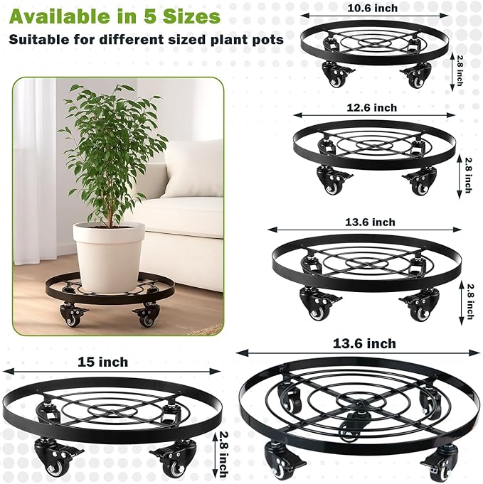 3 Packs 12.6 Inch Large Metal Plant Caddy with Wheels Plant Dolly with Casters Heavy-duty Rolling Wheeled Plant Stand for Indoor Outdoor Flower Pot Mover Rollers Coasters Black, Strong Load Capacity