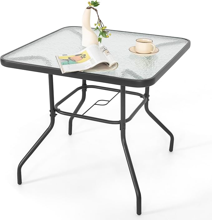 NUU GARDEN 31.5" Square Patio DiningTable, Patio Table with Umbrella Hole, Patio Dining Table with Tempered Glass, Outdoor Dining Tables, Square Patio Table for Balcony,Black