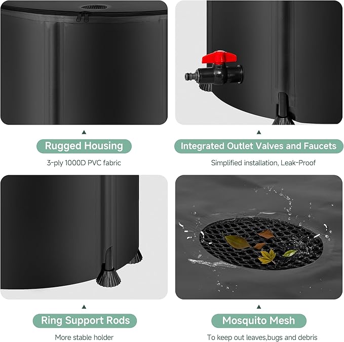 Collapsible Rain Barrel Water Storage Containers-53 Gallon Portable Rainwater Collect System Water Tank to Collect Rainwater from Gutter Downspout Water Catcher with Spigots,Filter＆Overflow Kits