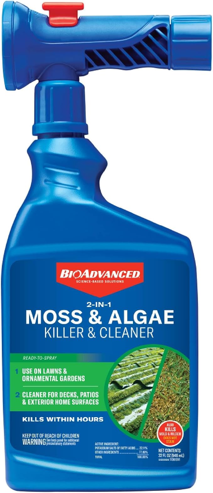 BioAdvanced 2-in-1 Moss and Algae Killer and Cleaner, Ready-to-Spray, 32 oz, 500 SQ FT | Ready-to-Spray - Use on Lawns, Ornamental Gardens, and Patios - Deck Cleaner - Up to 1 Year Protection