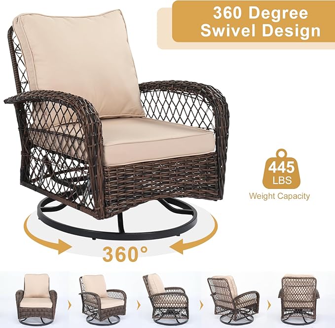 VINGLI 3 Pieces Patio Furniture Set, Patio Swivel Rocking Chairs Set of 2, Outdoor Bistro Set Swivel Rocker, Outdoor Porch Chairs and Bistro Table for Porch