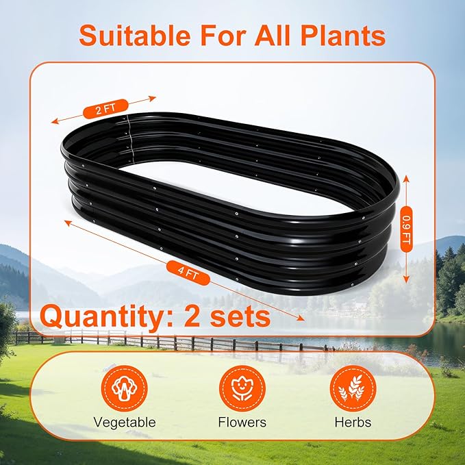 Rakukiri Raised Garden Bed Outdoor 2 Sets Oval Large Coating Metal Planter Box with No Heavy Metal for Vegetables, Flowers, Herbs