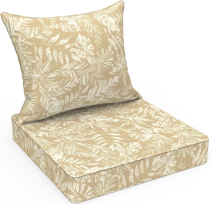 LVTXIII Outdoor Deep Seat Cushion Patio Seat and Back Cushion Set Seasonal Chair Cushion with Removable Cover and Adjustable Buckle for Home and Garden, 24"x24"x4", Tropical Leaf Oat