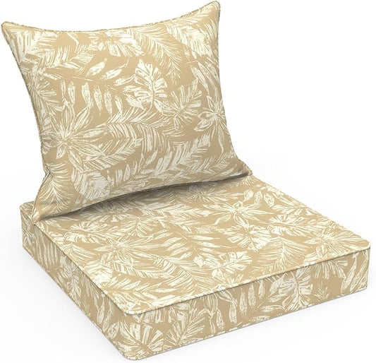 LVTXIII Outdoor Deep Seat Cushion Patio Seat and Back Cushion Set Seasonal Chair Cushion with Removable Cover and Adjustable Buckle for Home and Garden, 24"x24"x4", Tropical Leaf Oat