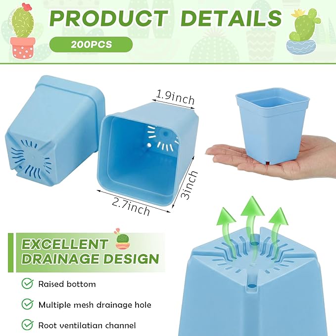 Yaomiao 200 Pack 3 Inch Blue Nursery Pot Square Flower Pots Plastic Plant Succulent Planter Seed Starting Pots with Drainage Holes for Garden Office Balcony Decor Indoor Outdoor Plant Seedling
