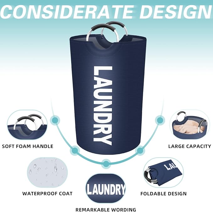115L Large Laundry Basket, Dirty Clothes Waterproof Laundry Hamper, Blue | Collapsible Laundry Basket with Foam Protected Aluminum Handles for Laundry Dorm Family, Black Dirty Clothes Hamper