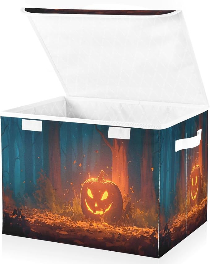 senya Large Storage Bins with Linen Halloween Pumpkin Yellow Collapsible Foldable Storage Cubes Fabric Closet Organizer Containers Box with Flip-Top Lid for Home Bedroom Office 16.7 x 12.6 x 11.8in