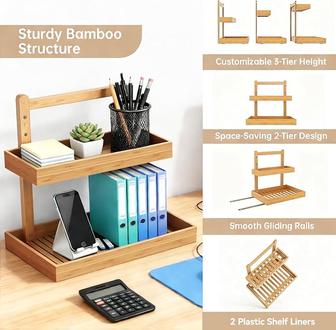 Bamboo Under Sink Organizer - 2 Tier Pull Out Cabinet Shelves with Adjustable Height, Undersink Storage Slide Out for Kitchen Bathroom Cabinet Pantry (Natual, 2 Packs)