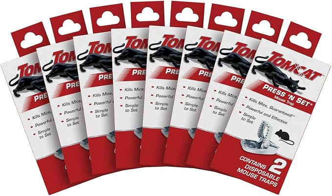 Tomcat Press 'N Set Mouse Trap, 16 Traps | Plastic Spring-Loaded Mouse Killer with Grab Tab, 8 Packages Each with 2 Traps