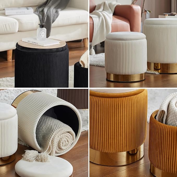 Round Ottoman with Storage Set of 2 Light Grey Velvet Vanity Stool