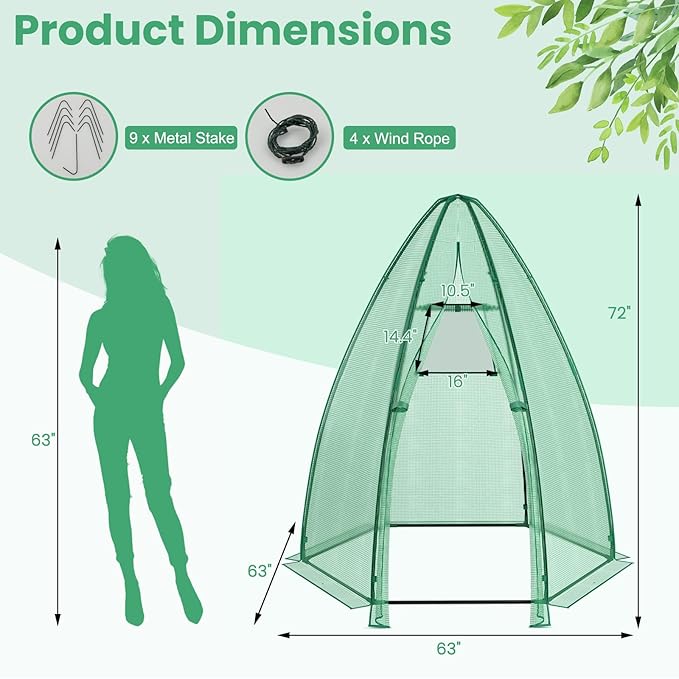 Happygrill Portable Mini Greenhouse, Garden Green House W/Roll-up Zipper Door and Window, Windproof PE Cover, 9 Ground Stakes & 4 Windproof Ropes, Indoor and Outdoor Greenhouse for Backyard