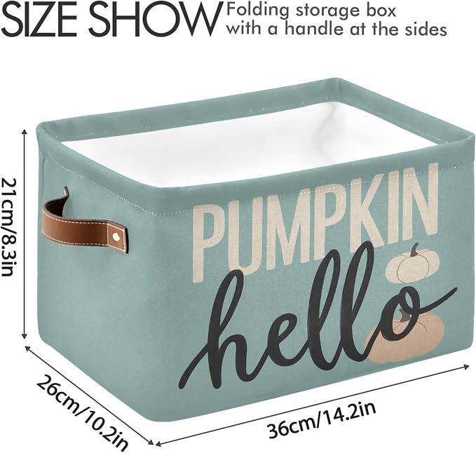 Hello Fall Pumpkin Turquoise Storage Basket with Waterproof Liner and PU Handles Autumn Aqua Blue Storage Bins Boxes 14.2" Collapsible Decorative Organizer Baskets for Bedroom Closet Office 1 Pack