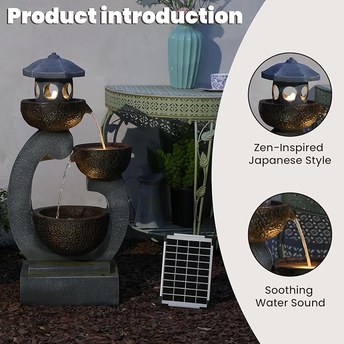 Tankana 36 inches Water Fountain Outdoor Solar Powered Zen Pagoda Garden Japaness Modern Tranquil Waterfalls Fountains Landscaping Cascading Bowls on Patio Yard Porch Deck Balconies Lawns, Gray