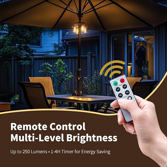 Dark Wood Grain Patio Umbrella Light with Remote Control, Rechargeable Cordless LED Edison Bulbs Pole Light with 10 Brightness Levels for Garden, Patio, Backyard, Camping or BBQ (2 Pack)