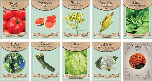 Vegetable, Flower, and Herb Seed Set - 10 Varieties of Non-GMO and Heirloom Premium Seeds for Planting - Beefsteak Tomato, Jalapeno, Spinach, & More!