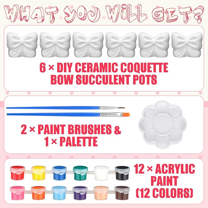 Beeveer 6 Sets Paint Your Own Coquette Bow Succulent Planter Ceramic Blank Unpainted Flower Pots DIY Paintable Porcelain Vase Kit for Kids Christmas Classroom Craft Project Activity Supplies