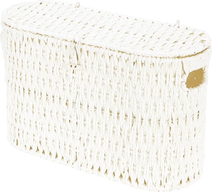 Coeusy Toilet Paper Storage Basket with Lid, Wicker Basket for Bathroom | Hand-Woven Paper Rope, Rattan Toilet Paper Holder, Organizer for 6 Mega Rolls with Handle, Boho Decorative Decor, Cream White