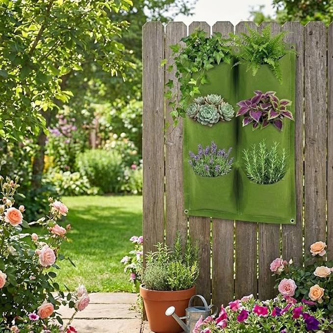 WFIST Vertical Hanging Planter Bag, Breathable Felt Wall Garden Planter with Metal Grommets, Indoor/Outdoor Space-Saving Herb & Flower Growing Pouch (6-Pocket)