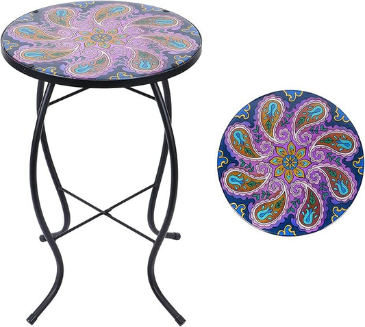 MUMTOP Outdoor Side Table - Patio Table Mosaic Coffee Side Tables Glass AccentTable 14’’Round SmallTable Plant Stand for Indoor Garden Balcony(Peacock)