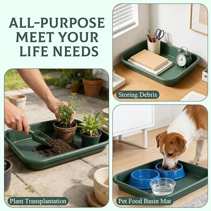 Rainmae 2 Set Garden Tidy Trays with Shovels, Large Potting Tray for Seeding, Mixing Soil and Repotting, One-Piece Gardening Tray for Succulents, Cactus and Indoor Plants, 23 x 13.6 x 4.5 Inch, Green