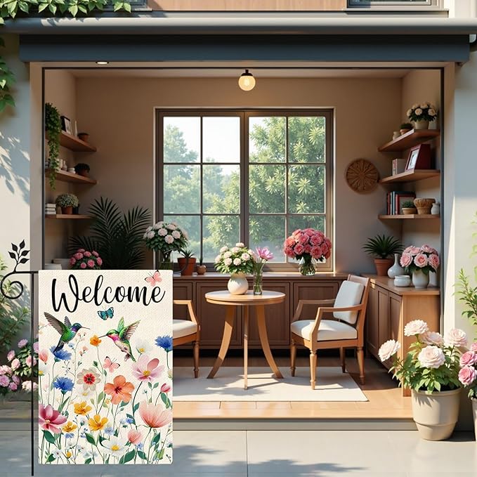 Spring Hummingbird Flowers welcome Garden Flag 12 x 18 Inch vertical Double Sided, outdoor Flag in spring and summer Suitable for Holiday yard decoration