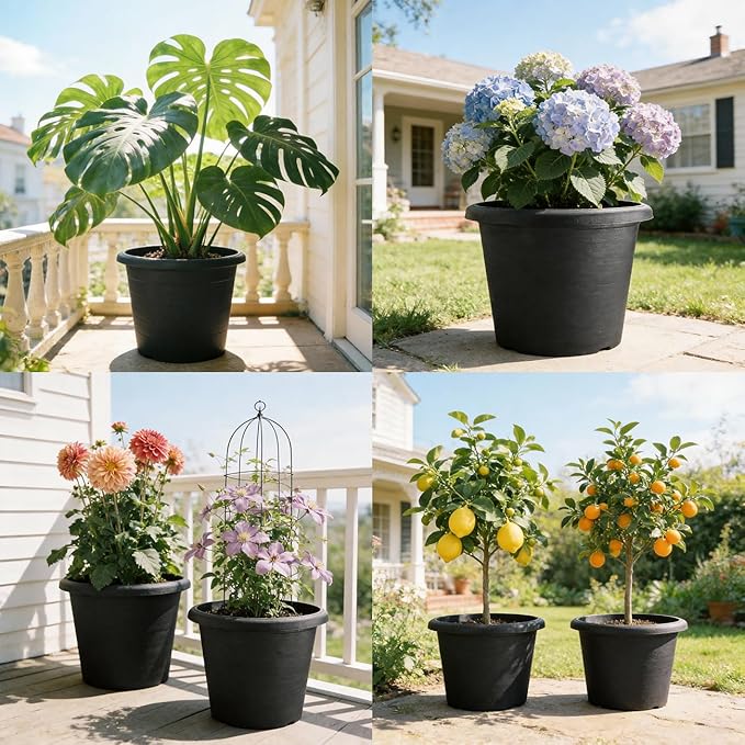 BTPLASTIK Heavy-Duty 4 Pack 16 Inch Plastic Planter Pots with Drainage Holes - Textured Cement Design, 30L Capacity, Large Durable Garden Container for Plants