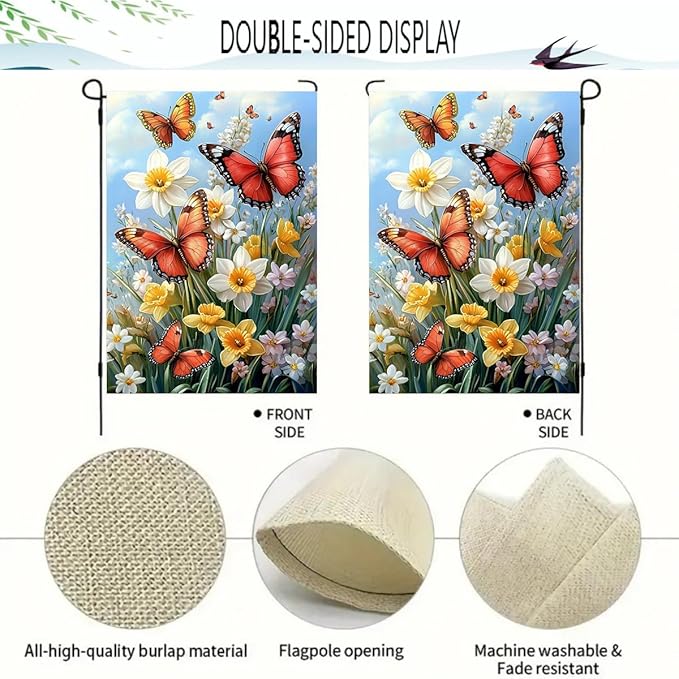 Large Spring Summer Garden Flags for Outside 28 x 40 Double Sided, Burlap Spring Summer House Flag, Large Outdoor Yard Flags Butterfly Daffodil Floral Decorations Farmhouse Patio Garden Decor