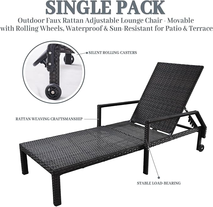 Outdoor Chaise Lounge Chair - Low-Maintenance, All-Weather Rattan Adjustable Recliner for Pool, Patio & Garden (1)