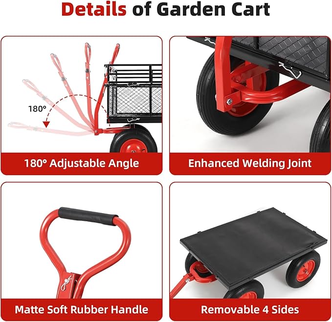 GarveeHome 1400Lbs Heavy Duty Steel Garden Cart, Garden Wagon Cart on Wheels, Metal Yard Utility Wagon with Removable Mesh Sides, 2-in-1 180° Rotating Handle and 16 Inch Wheels for Garden, Farm, Yard