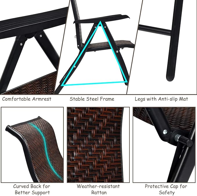 Tangkula Foldable Patio Wicker Dining Chair, Portable High Back Outdoor Wicker Chair with 5-Level Adjustable Backrest, No Assembly Reclining Chairs for Porch Deck Garden Balcony