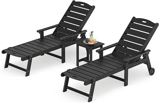 LUE BONA Chaise Lounge Chair with Table, 3-Piece, HDPS Chaise Lounger, 5 Positions Adjustable Lounge Chairs, Pool Lounge Chair with Wheels for Poolside, Backyard, Black