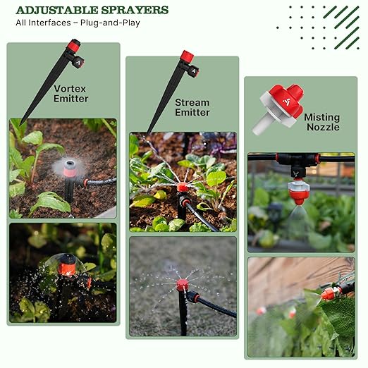 A ANLEOLIFE 230FT Drip Irrigation System Kit, Complete Garden Watering System with 1/2” & 1/4” Quick-Connect Tubing, 32 Adjustable Emitters for Raised Beds, Lawn, Greenhouse, Potted Plants