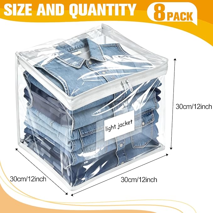 Plastic Storage Bags with Easy-Glide Zipper, Pack of 8, Durable Clear Vinyl Zippered Storage Bags for Clothes Sweaters Comforters Blankets Sheets Bedding (12 x 12 x 12 Inch, Transparent White)
