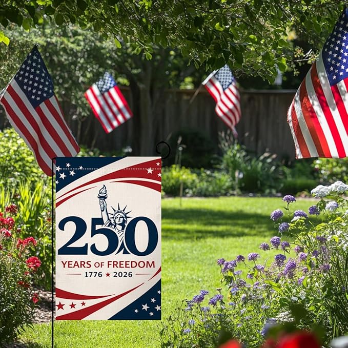 BLKWHT 250 Years America Garden Flag 12x18 Vertical Double Sided 1776-2026 USA 250th Anniversary Freedom Banner 4th of July Patriotic Outside Decorations Burlap Yard Flag BW868