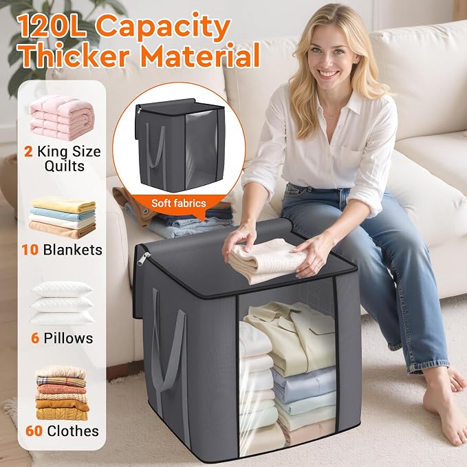 TasticTotes 120L Extra Large Blanket Clothes Storage Bags, Black, 4 Pack