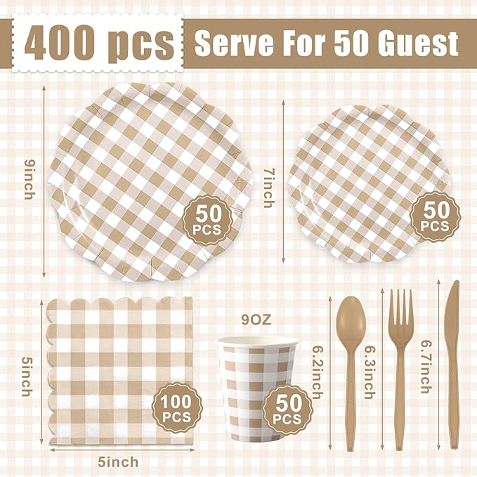 Funnymoom 400 Pcs Gingham Party Supplies for 50 Guests Khaki and White Paper Plates and Napkins Knives Spoons Forks Cups Disposable Checkered Dinner Party Set Cutlery for Baby Shower Wedding Favor