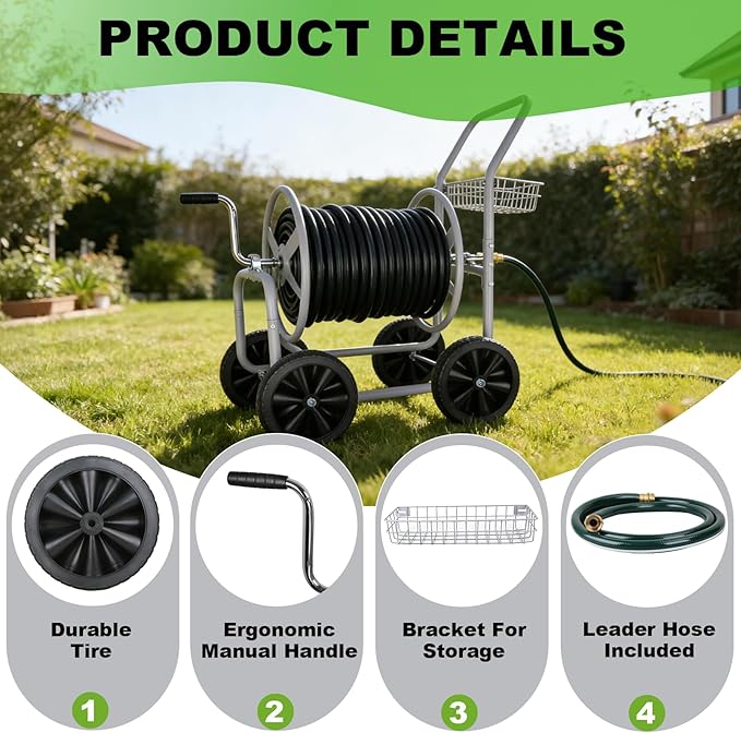 Hose Reel Cart, 250 FT of 5/8’’ Hose, Heavy-Duty Water Hose Cart with 4 Wheels, Storage Basket, Portable Water Hose Organizer for Outside Yard, Outdoor Planting Tool (Sliver)