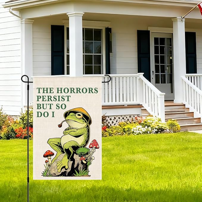 RZHV The Horrors Persist But So Do I Double-Sided Garden Flag for Outdoor House Yard Sign Garden Decor Parade, Funny Frog Social Justice Yard Sign, Motivational House Patio Outdoor Banner