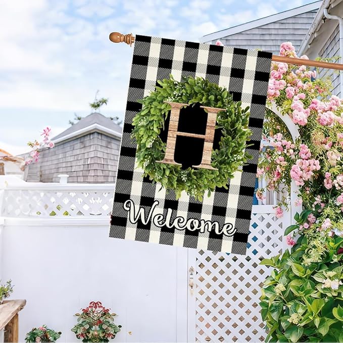 Baccessor Monogram Letter S Garden Flag 28 x 40 Inch, Buffalo Plaid Family Last Name Initial Boxwood Wreath Welcome Vertical Double Sided Large Flags for Outdoor Outside Decoration