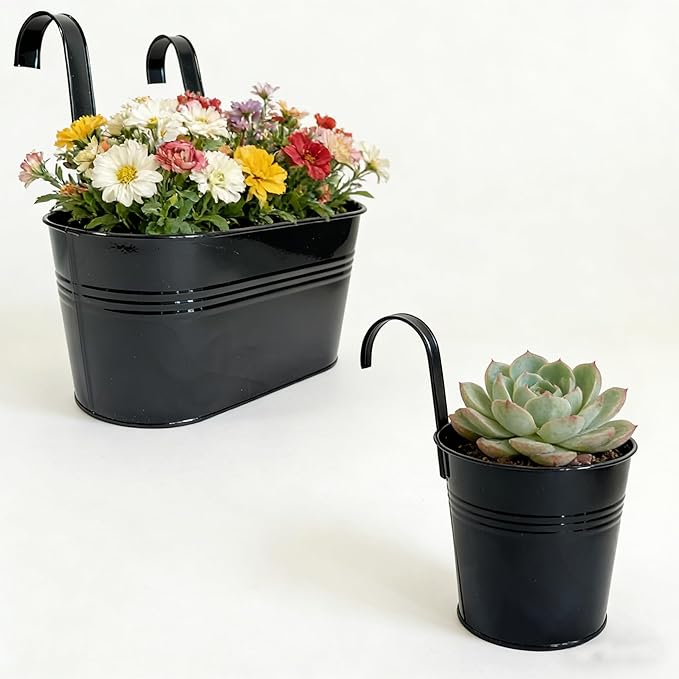 Pack of 8 Metal Hanging Planters for Outdoor Plants, 4 Pcs 4" Round Railing Planter & 4 Pcs 10" Oval Fence Flower Pots for Balcony Garden Decor, Black
