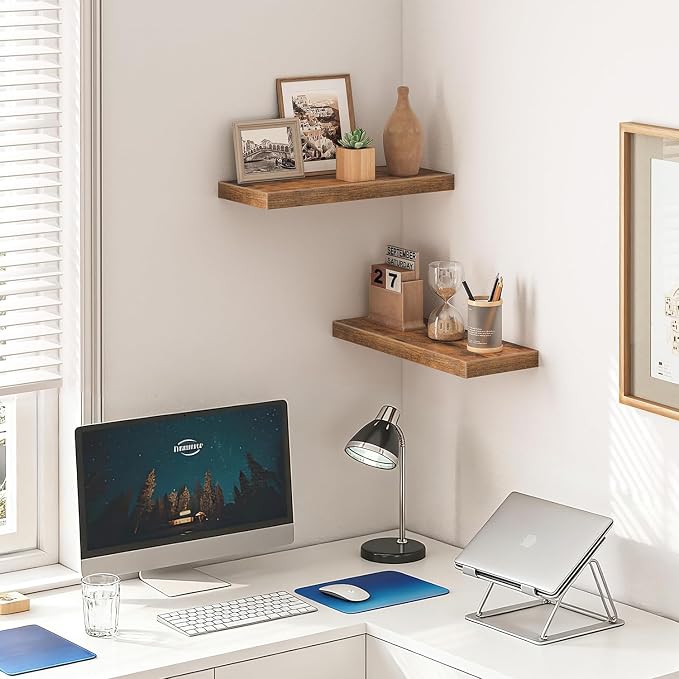 Solid Wood Floating Shelves Set of 2 - Waterproof Scratch Resistant Wall Mounted Shelves, Country Style Brown (15.75 in W × 9.25 in D × 1.57 in H) for Bedroom Bathroom Kitchen Living Room