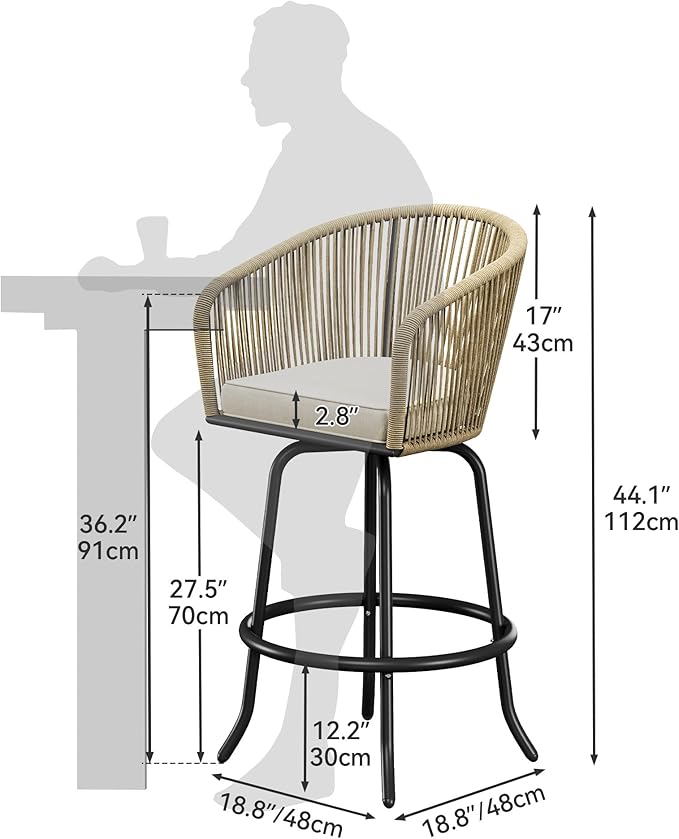 YITAHOME Counter Height Bar Stools Set of 4, Outdoor Bar Stools with Soft Cushions, Patio Rattan Swivel Bar Chairs for Backyard Poolside, Garden w /360 Rotation (Beige)