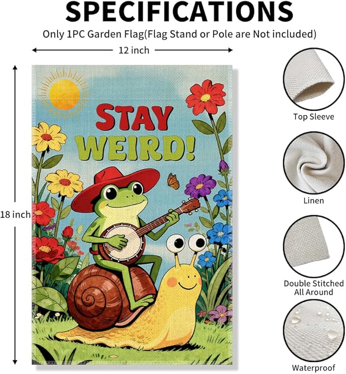 Stay Weird Funny Garden Flag, Hippie Frog Snail Flag, Boho Kindness Peace LGBTQ Resist Equality Inclusive Yard Sign, Spring Summer Welcome Yard Farmhouse Community Lawn Liberal Outdoor Decor