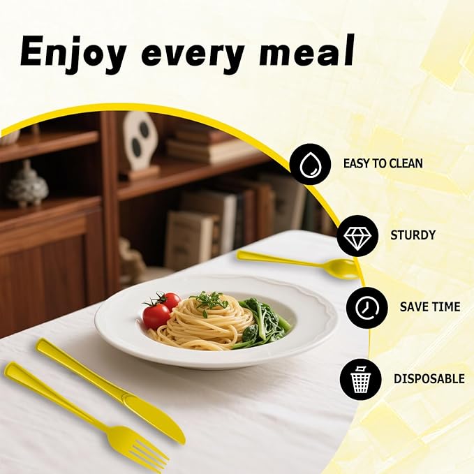 Plastic Silverware 300 PCS Disposable Silverware Heavy Duty Utensil Sets 100 Of Each Forks Knives & Spoons Disposable Cutlery Set For Easter,Birthday,Baby Shower,Garden Party,Wedding(300,Yellow)