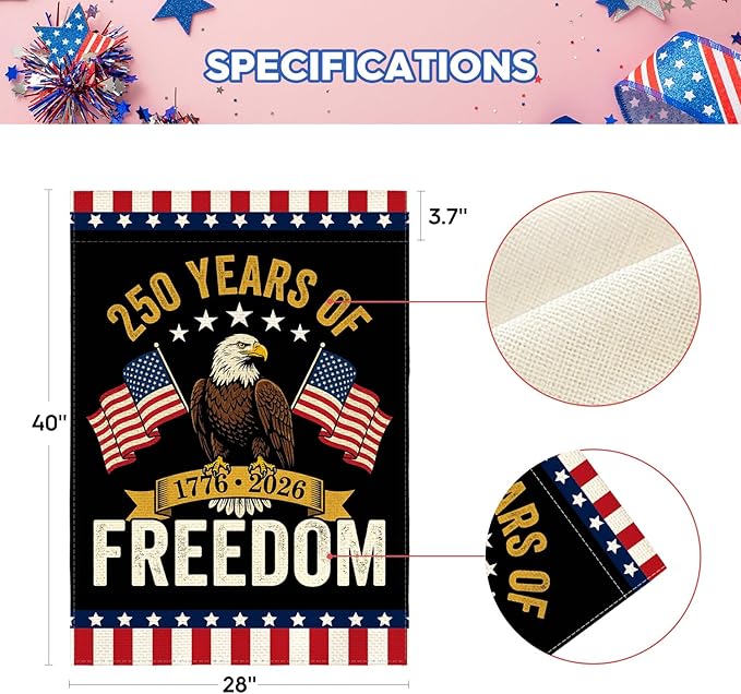 AVOIN colorlife Patriotic 250 Years of Freedom House Flag 28x40 Inch Double Sided Outside, 4th of July American 250th Anniversary 1776-2026 Yard Outdoor Decoration