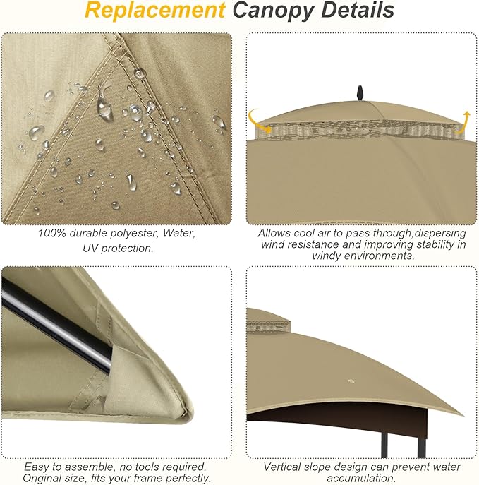 Replacement Gazebo Canopy Top Cover for 10 x 12, Double Tiered Waterproof Canopy Roof for Lowe's Allen Roth Gazebo #GF-12S004B-1 (Khaki)