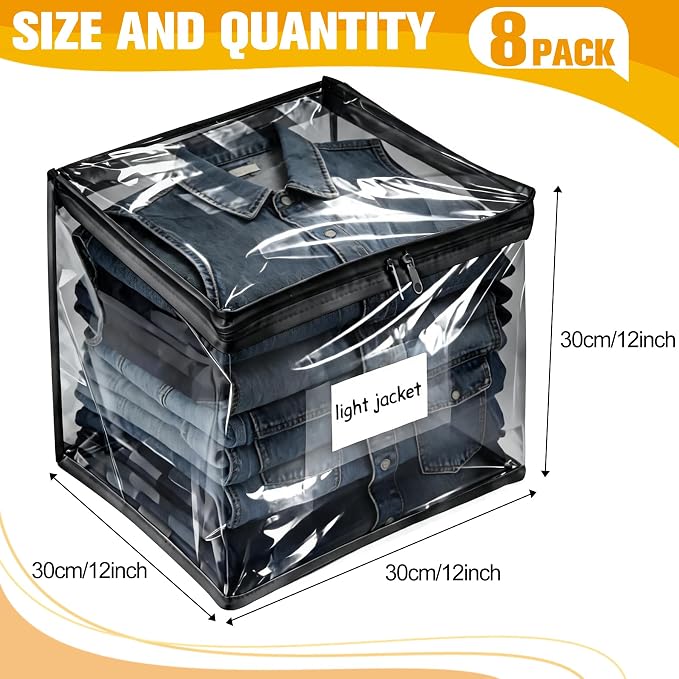 Plastic Storage Bags with Easy-Glide Zipper, Pack of 8, Durable Clear Vinyl Zippered Storage Bags for Clothes Sweaters Comforters Blankets Sheets Bedding (12 x 12 x 12 Inch, Transparent Black)